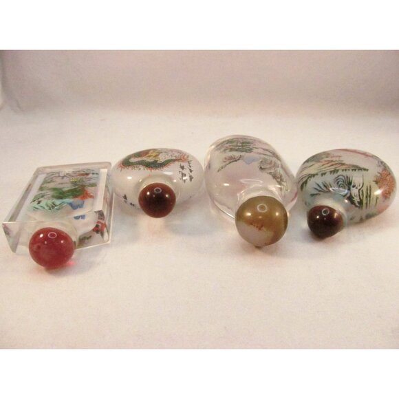 Reverse Painted Glass Snuff Bottles Vintage Asian Art with Stoppers Lot of 4 - Picture 7 of 12